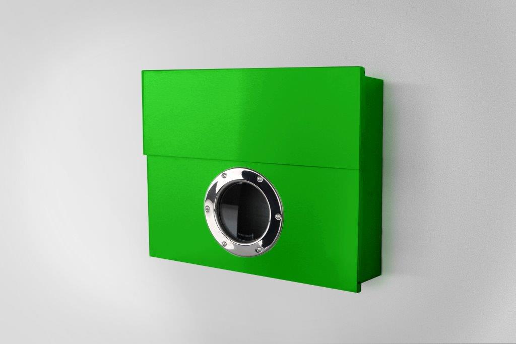 Grüner Letterman Briefkasten mit Sichtfenster, moderner Wandbriefkasten für Post und Zeitungen.