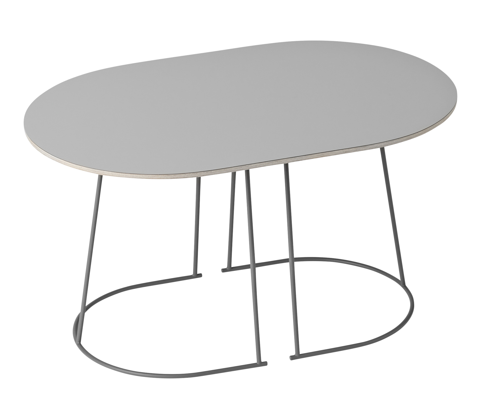 Grauer Airy Coffee Table von Muuto, kleiner Couchtisch mit ovaler Tischplatte und filigranem Metallgestell.