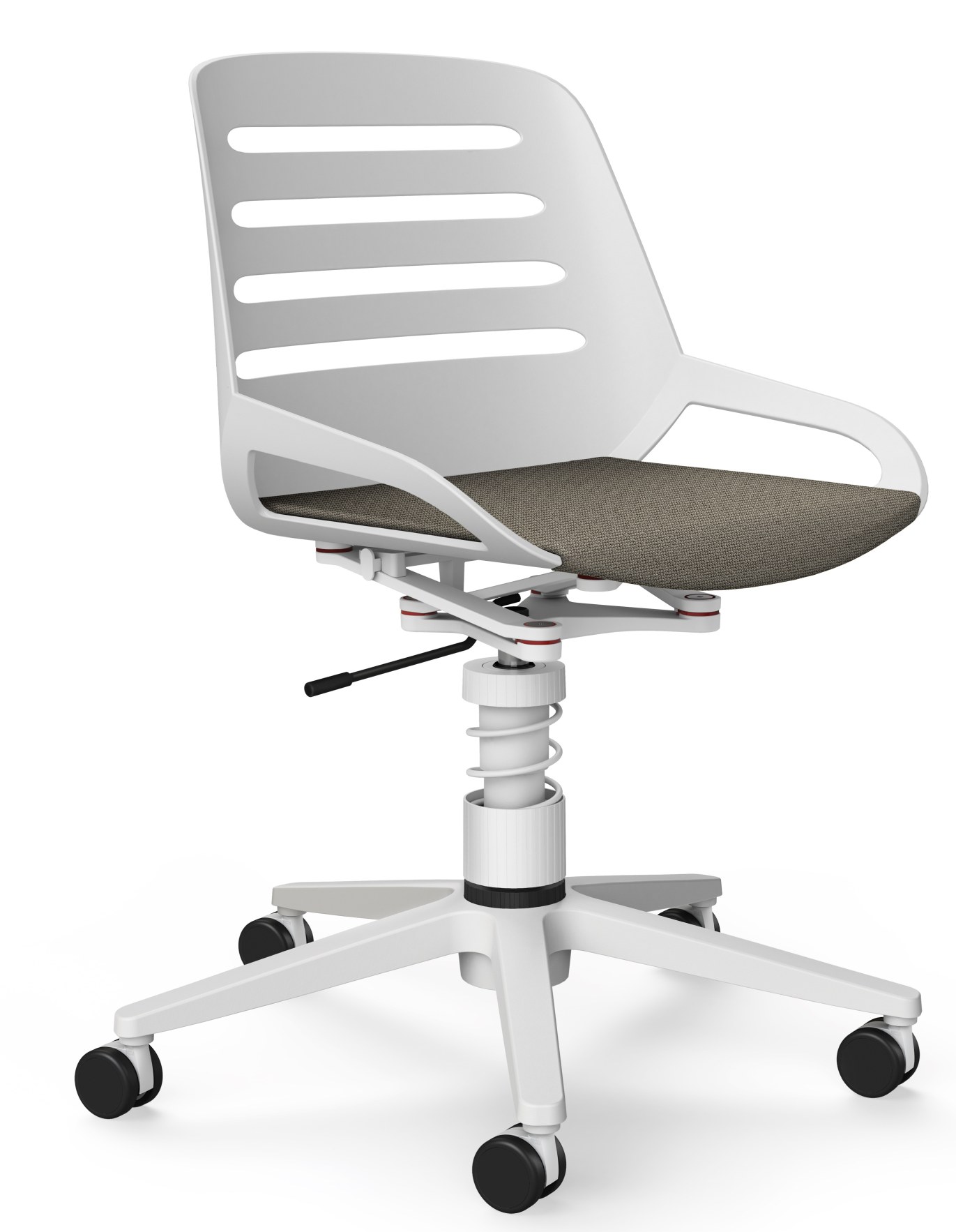 Numo Bürodrehstuhl von Aeris in Weiß mit braunem Sitzpolster und Rollen für das Büro.