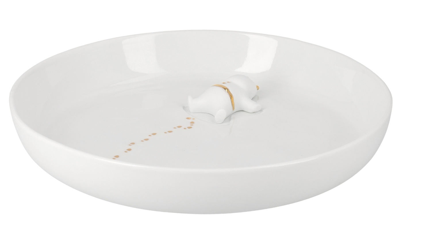 Räder Schale Santas Schneeengel: Dekorative weiße Schale mit liegendem Engel und goldenen Fußspuren.