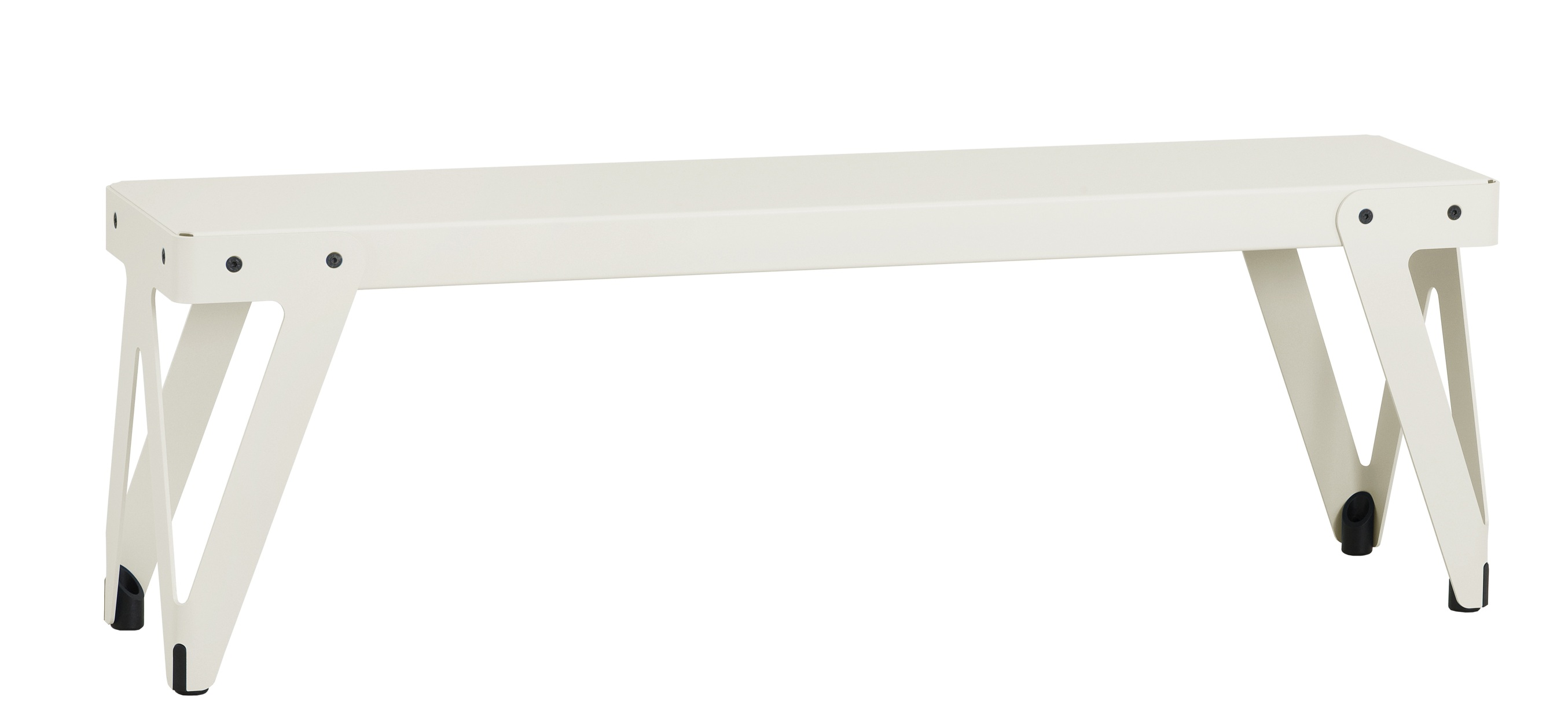 Lloyd Indoor Bench Bank Functionals: Moderne, minimalistische Sitzbank in Weiß mit markantem Metallgestell für den Innenbereich.