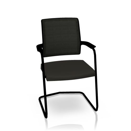 Schwarzer Interstuhl Goal-Air Freischwinger mit Netzrücken und Armlehnen, ideal für Büro und Konferenz.