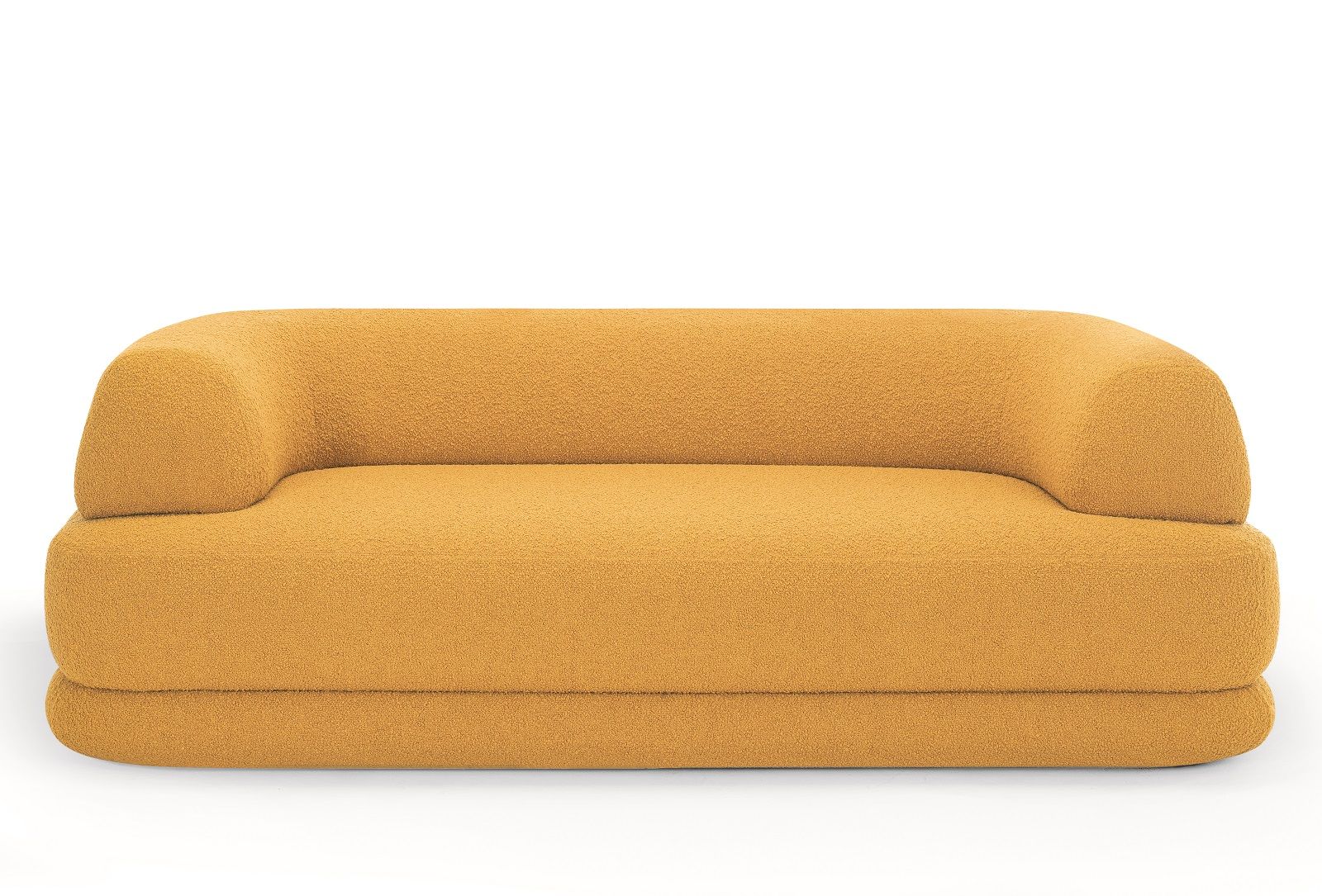 Gelbes Bumper Sofa von Zanotta mit Bouclé-Bezug, modernes Design für Wohnzimmer und Lounge.