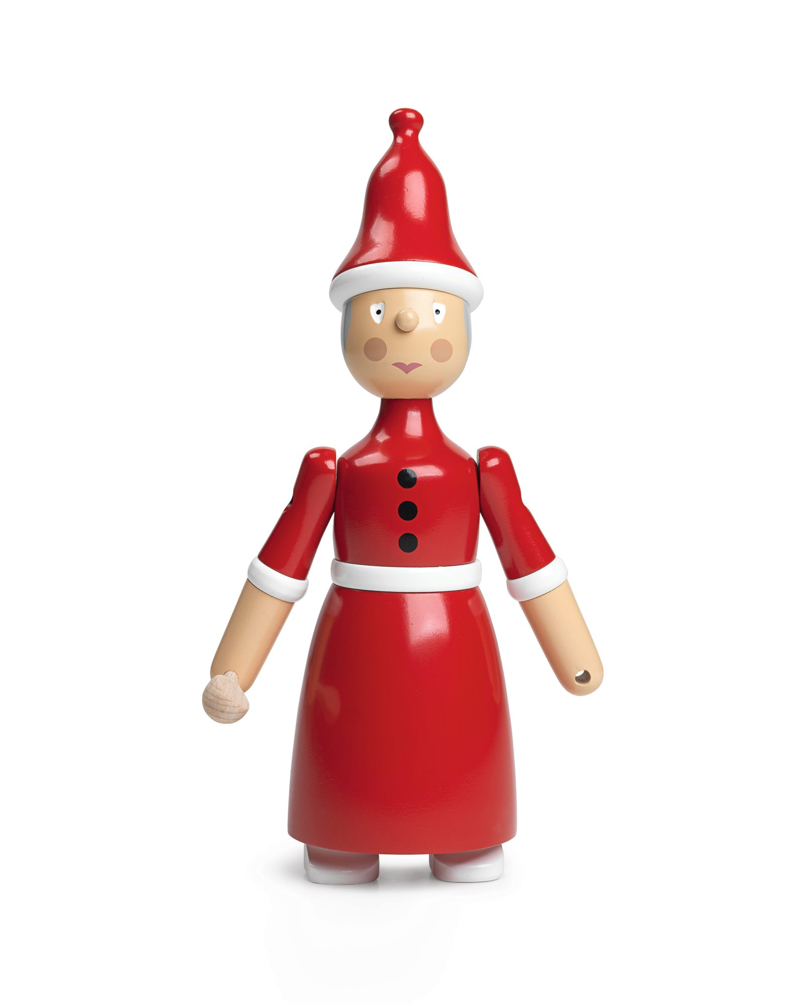Kay Bojesen Weihnachtsfrau aus Holz, rot gekleidet mit Weihnachtsmütze, skandinavische Weihnachtsdekoration für festliche Stimmung.