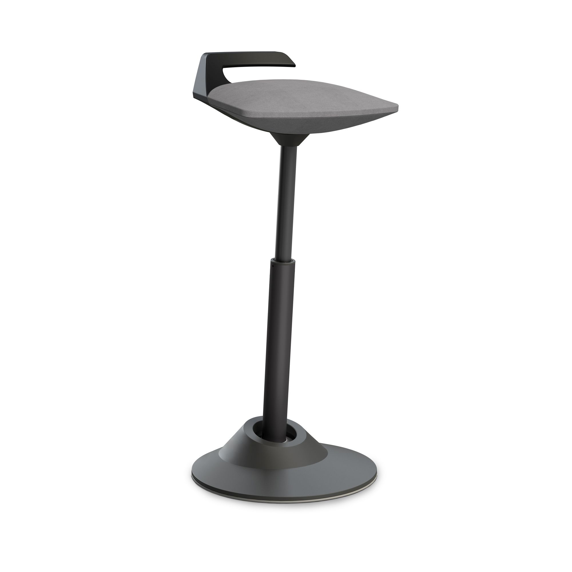 Grauer, höhenverstellbarer Stehhocker mit Fußstütze und runder Basis für ergonomisches Sitzen im Büro.