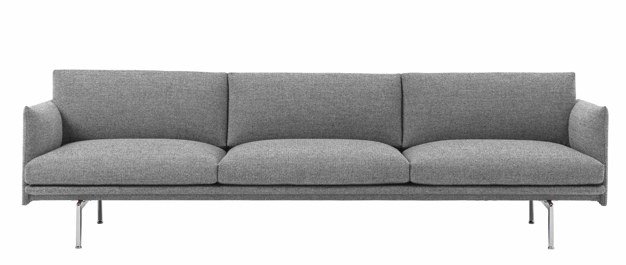 Muuto Outline Sofa, graues 3-Sitzer Sofa mit minimalistischem Design und schlanken Chrombeinen.