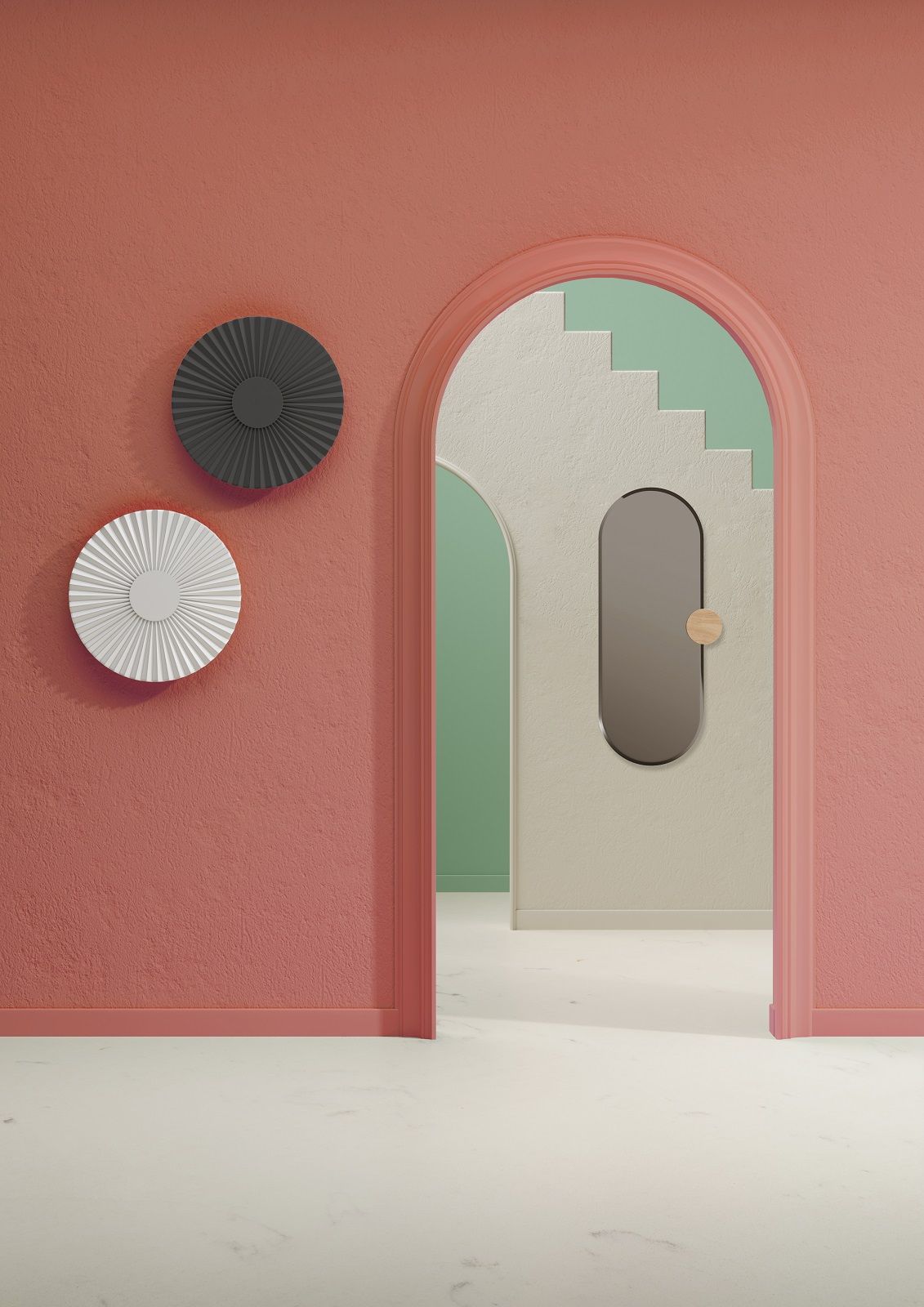 Zwei Carmen Wall lamp Wandleuchten in Weiß und Grau an einer rosa Wand über einem Durchgang.