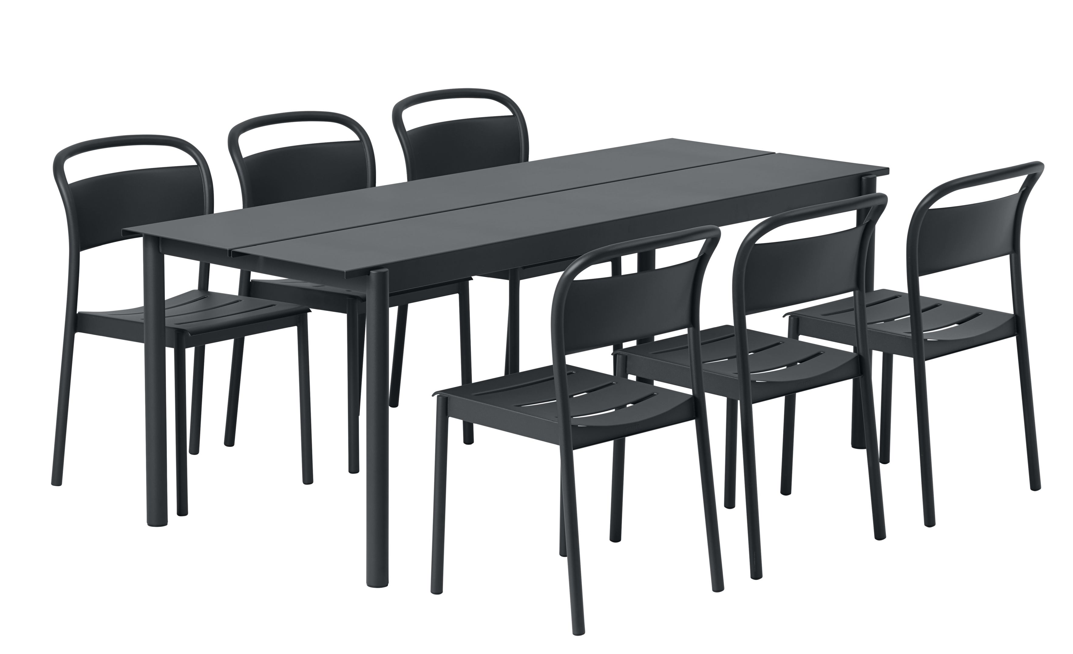 Muuto Linear Steel Side Chair Outdoor Stuhl in Schwarz mit passendem Gartentisch für sechs Personen.