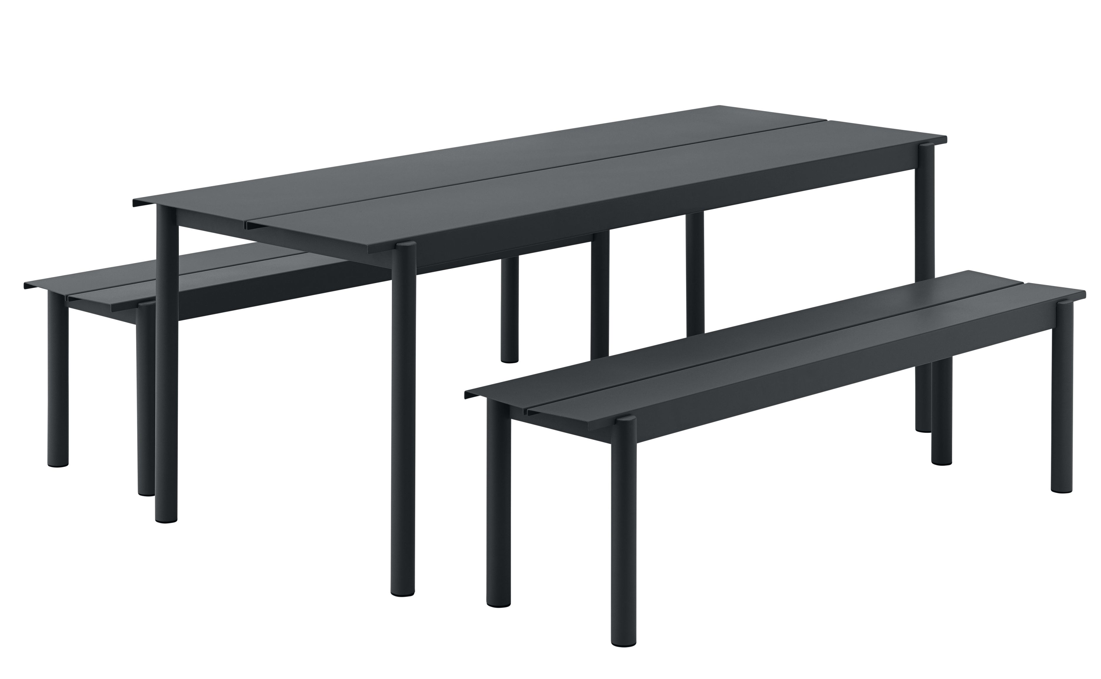 Muuto Linear Steel Outdoor Bank in Anthrazit, moderne Gartenbank aus Stahl für Terrasse und Garten.