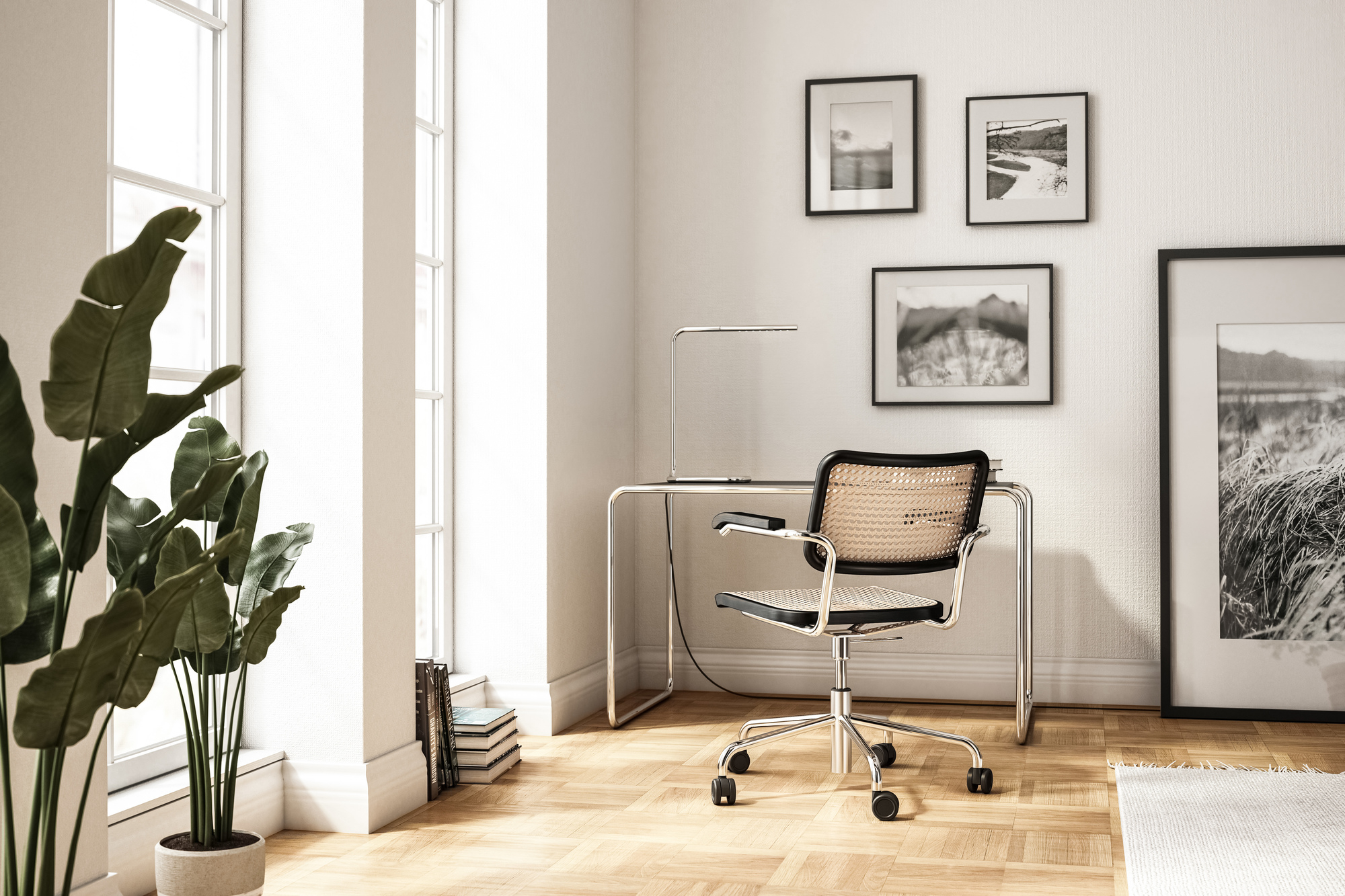 S 285/0 Stahlrohr Schreibtisch von Thonet mit passendem Bürostuhl in einem hellen Arbeitszimmer.