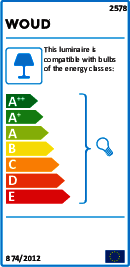 Energieeffizienzlabel der Woud Pump Table Lamp Tischleuchte, mit den Energieeffizienzklassen von A++ bis E.