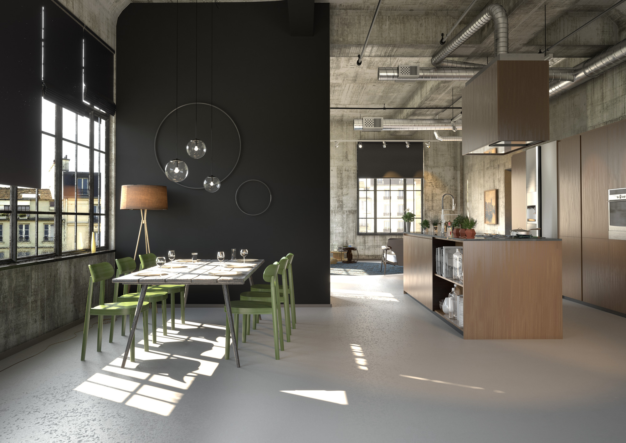 Esszimmer mit Esstisch und grünen Holzstühlen, Modell 118 von Thonet, in modernem Loft-Ambiente.