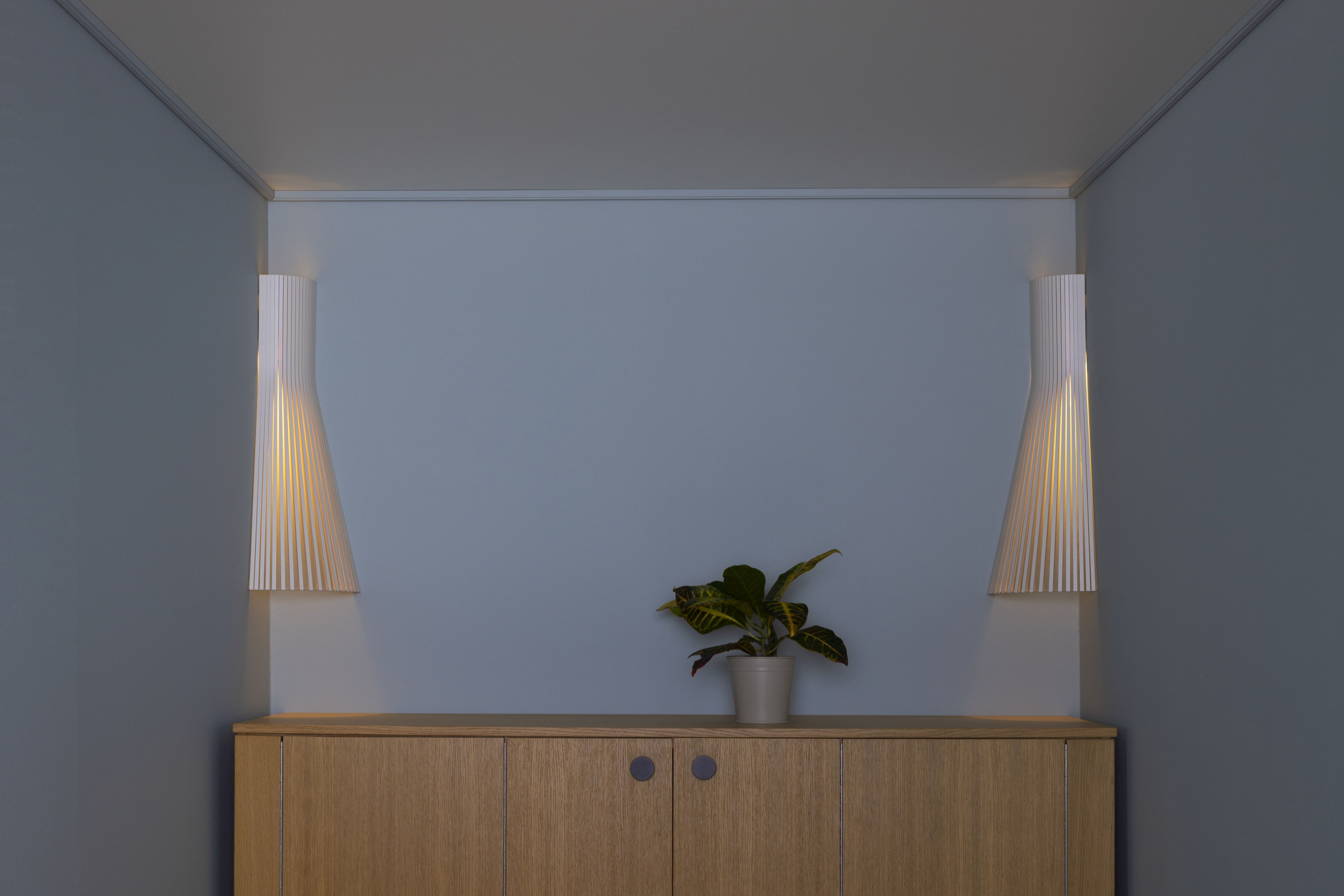 Secto 4236 Eckleuchte: Moderne Wandleuchte aus Holz, schwarz laminiert, für indirekte Beleuchtung im Wohnraum.