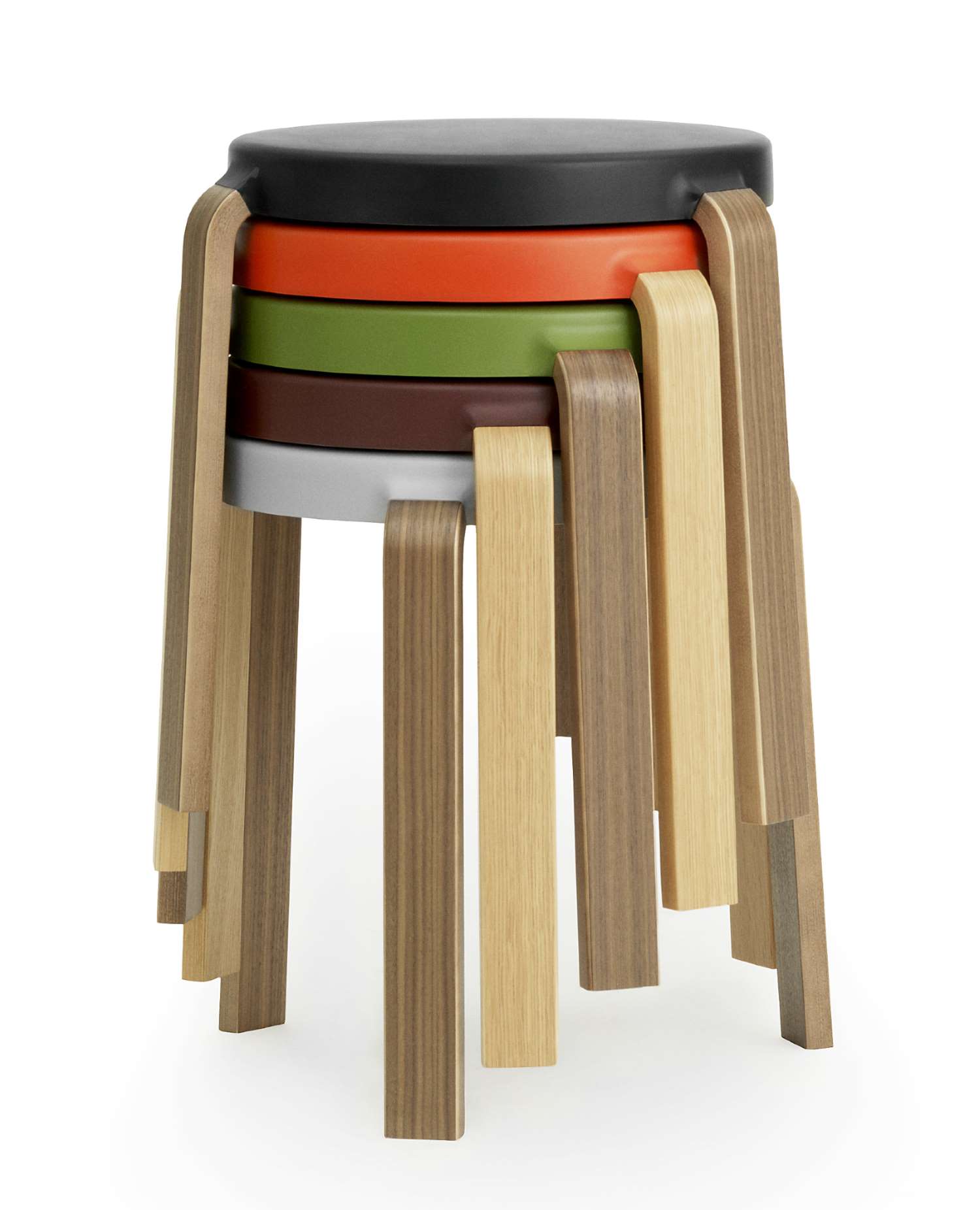 Tap Hocker von Normann Copenhagen, gestapelt in verschiedenen Farben, modernes Design, Sitzhocker aus Holz.