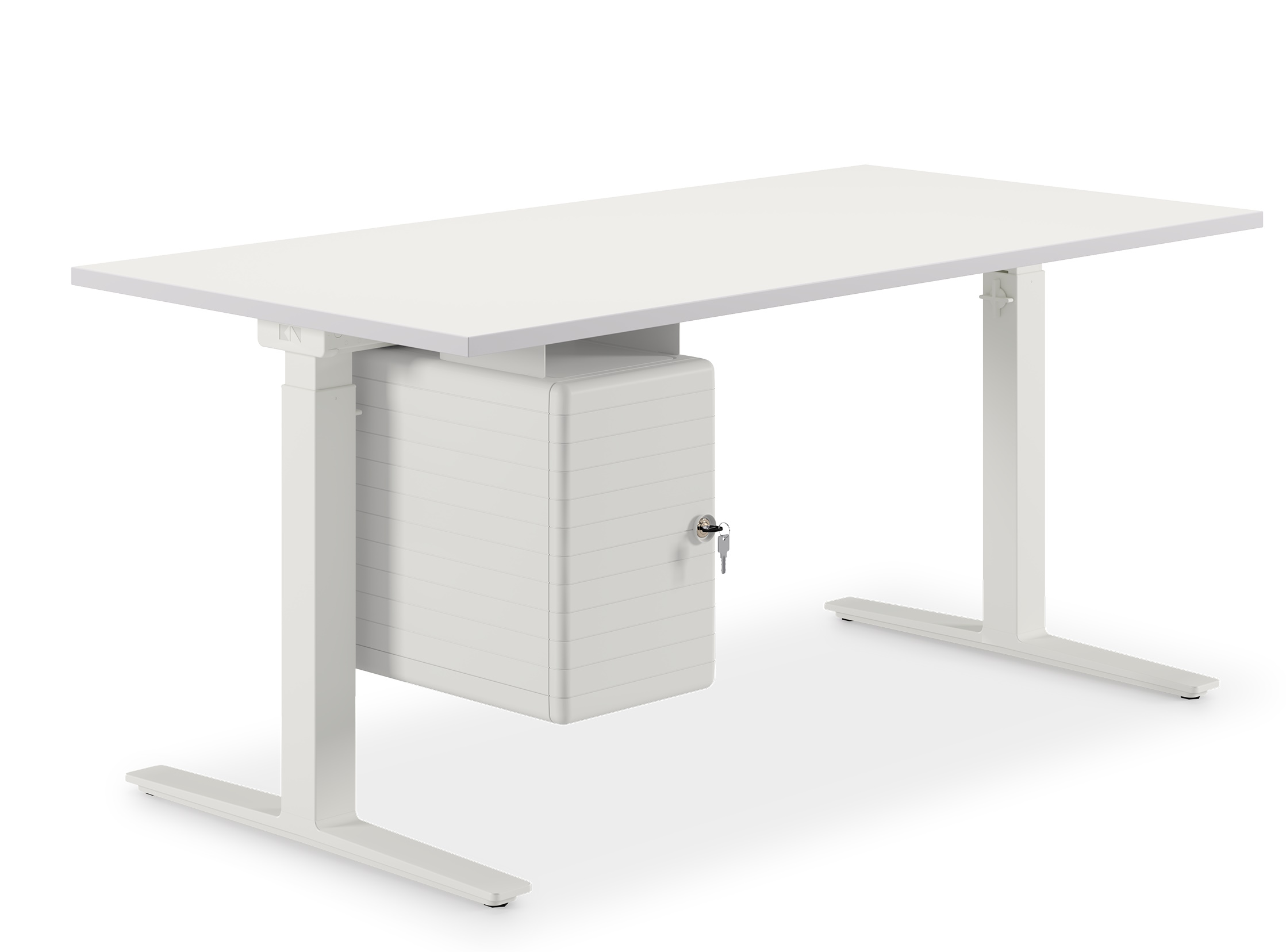 Personalbox Container von König und Neurath, weiß, abschließbar, am höhenverstellbaren Schreibtisch befestigt. Büro Container für mehr Stauraum.