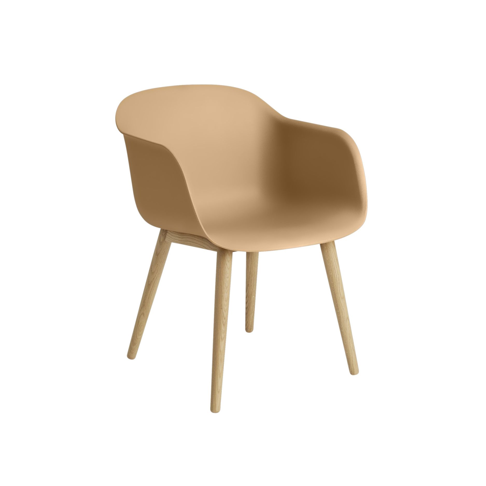 Muuto Fiber Armchair mit Holzbeinen, hellbraune Sitzschale, moderner skandinavischer Stuhl für Esszimmer und Büro.
