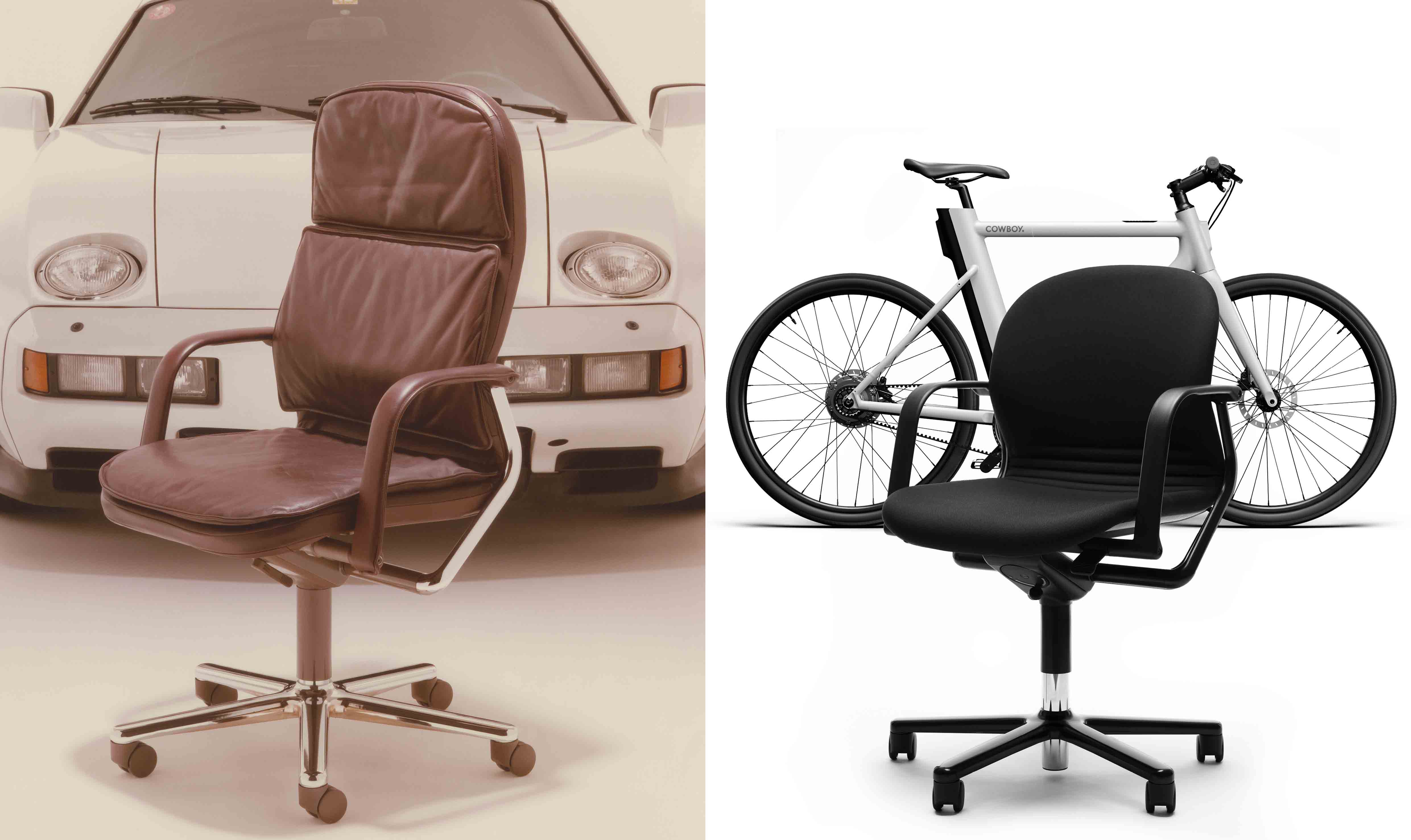 Zwei Bürostühle: ein brauner Lederstuhl vor einem Porsche, ein schwarzer Stuhl vor einem Cowboy E-Bike.