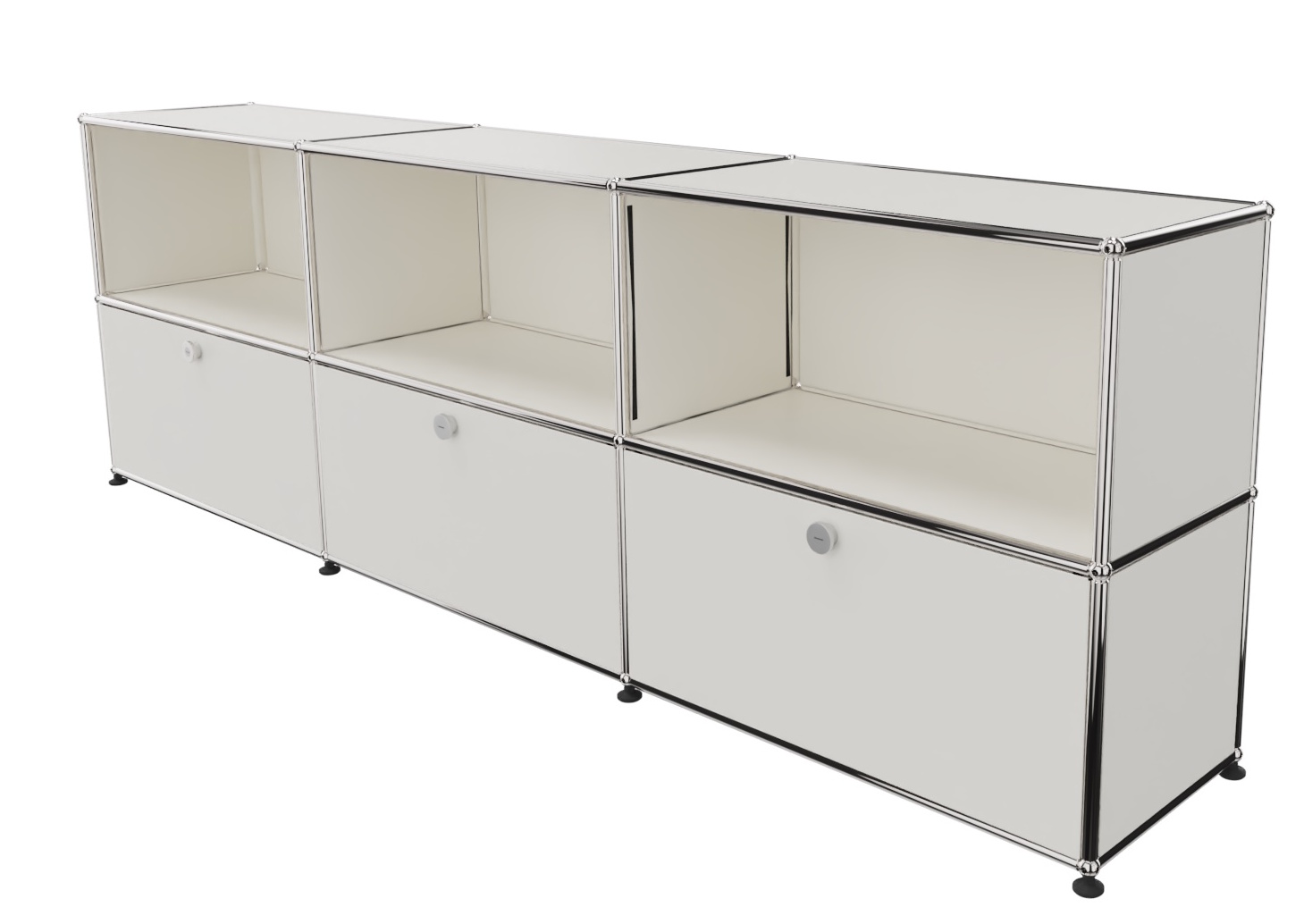USM Haller Sideboard in Reinweiß mit drei offenen Fächern und drei Klappen für stilvolle Aufbewahrung.