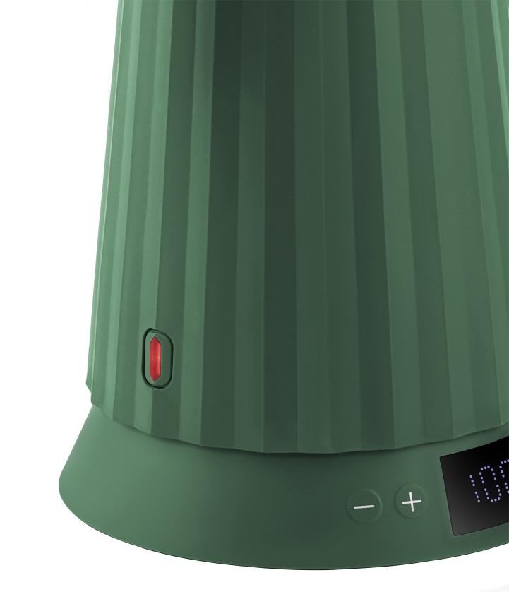 Grüner Alessi Plissé Wasserkocher mit Temperaturregelung, Detailaufnahme der Basis mit Bedienelementen.
