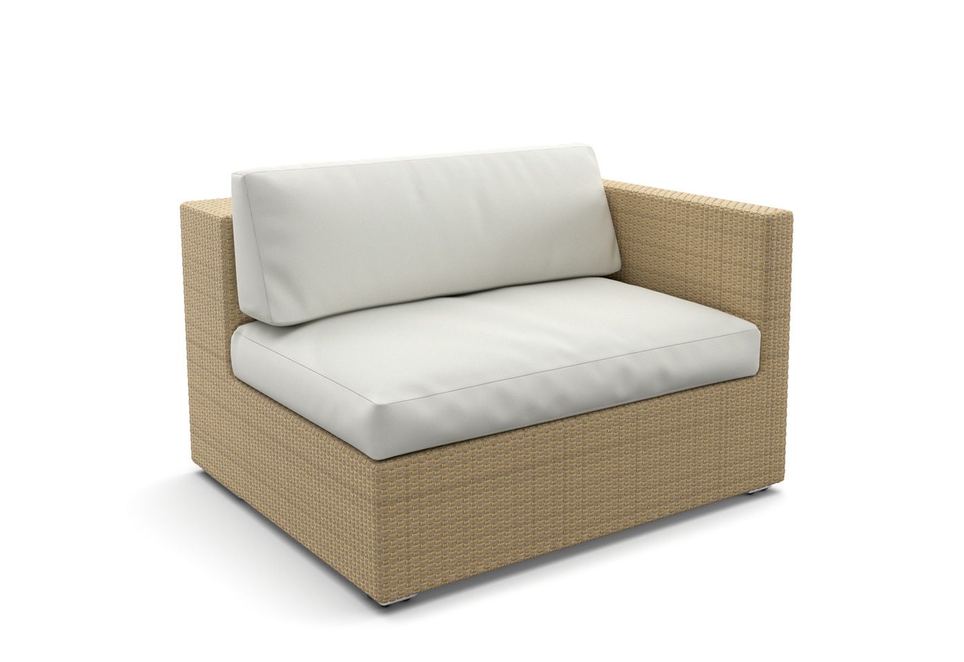 Dedon Lounge Modul links: Rattan Gartenmöbel mit weißen Kissen für den Außenbereich.