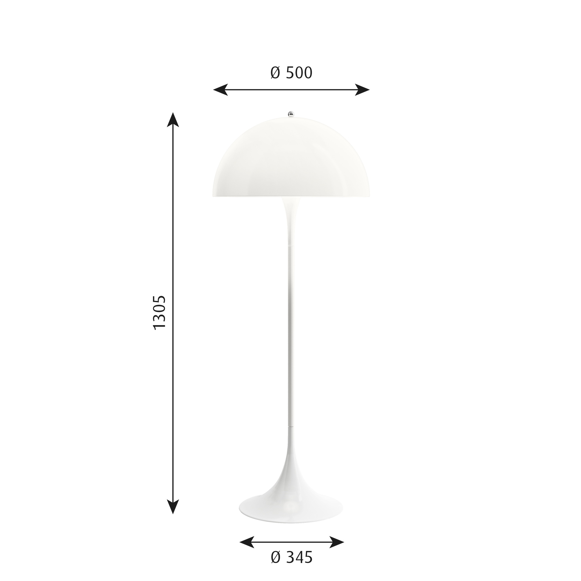 Weiße Panthella Stehleuchte von Louis Poulsen mit Maßen für Durchmesser und Höhe. Designklassiker für Wohnzimmer.