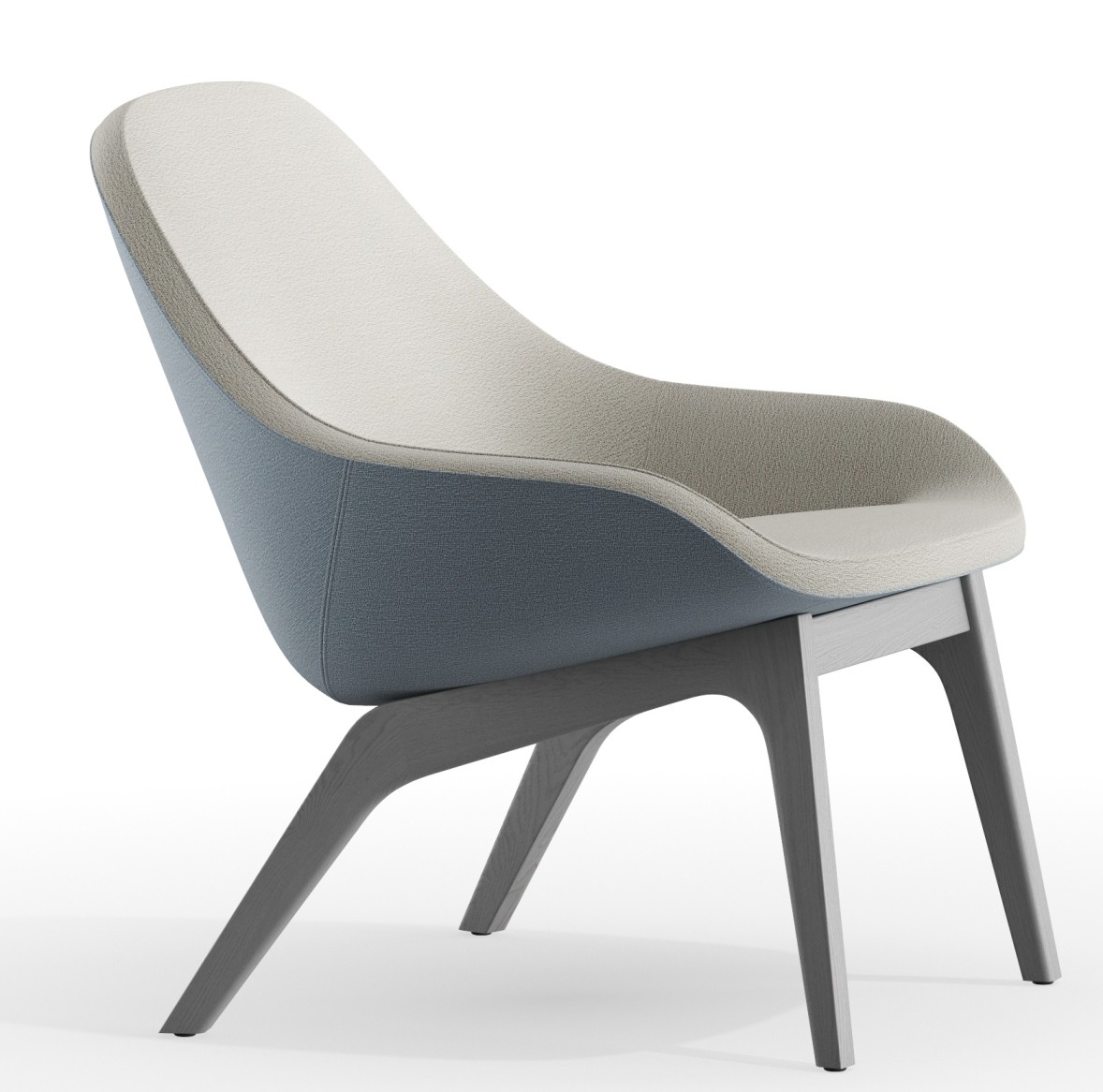 Morph Lounge Chair Sessel von Zeitraum, moderner Design Sessel mit hellgrauer Sitzfläche und blauem Bezug.