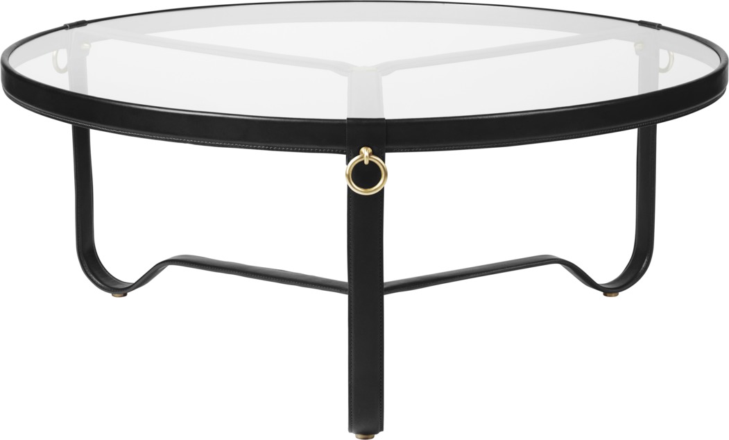 Adnet Couchtisch von Gubi mit runder Glasplatte und schwarzem Ledergestell. Design Couchtisch.