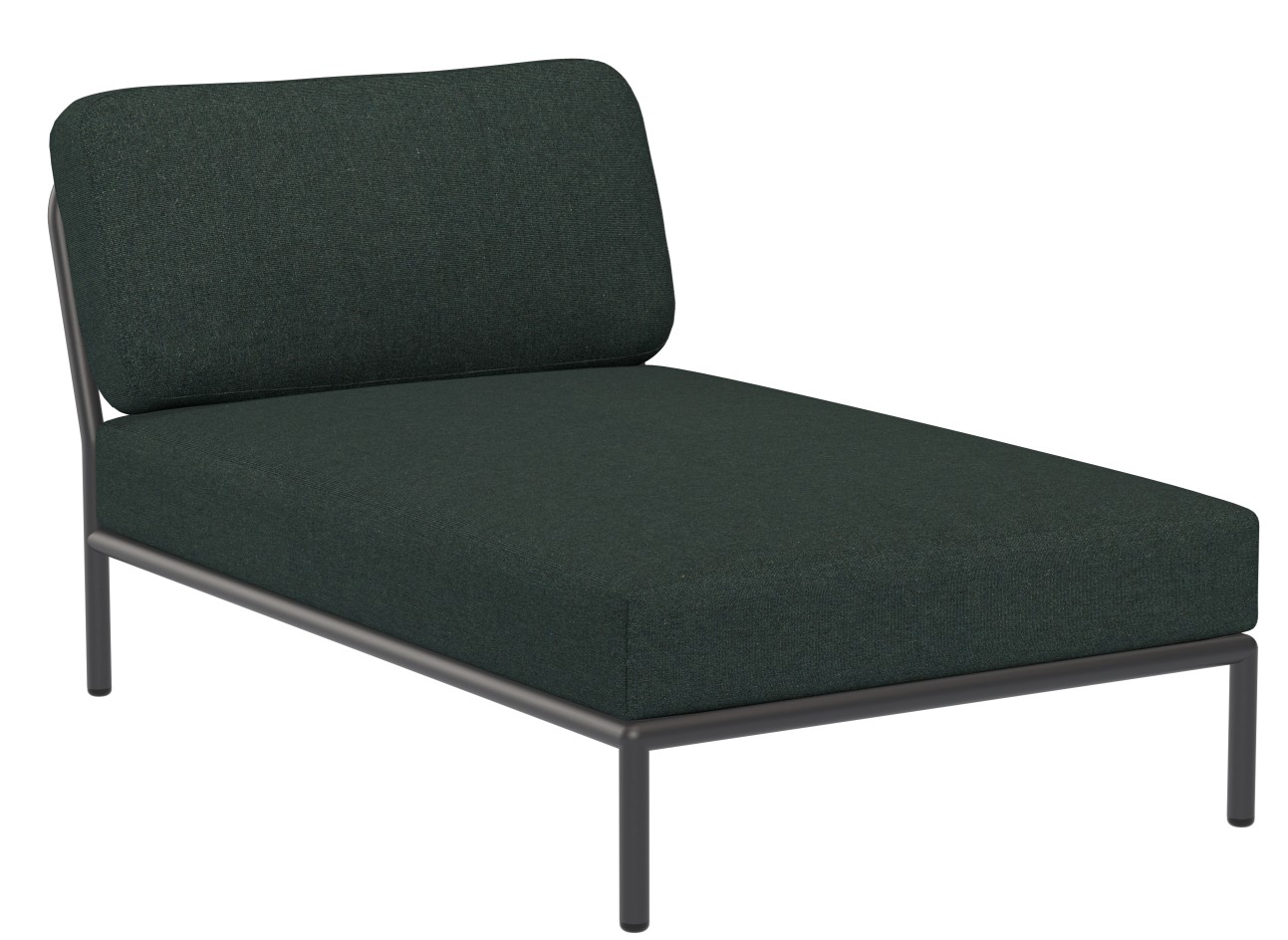 Houe Level Chaiselongue Outdoor Sessel mit dunkelgrüner Polsterung und schwarzem Metallgestell für Garten und Terrasse.