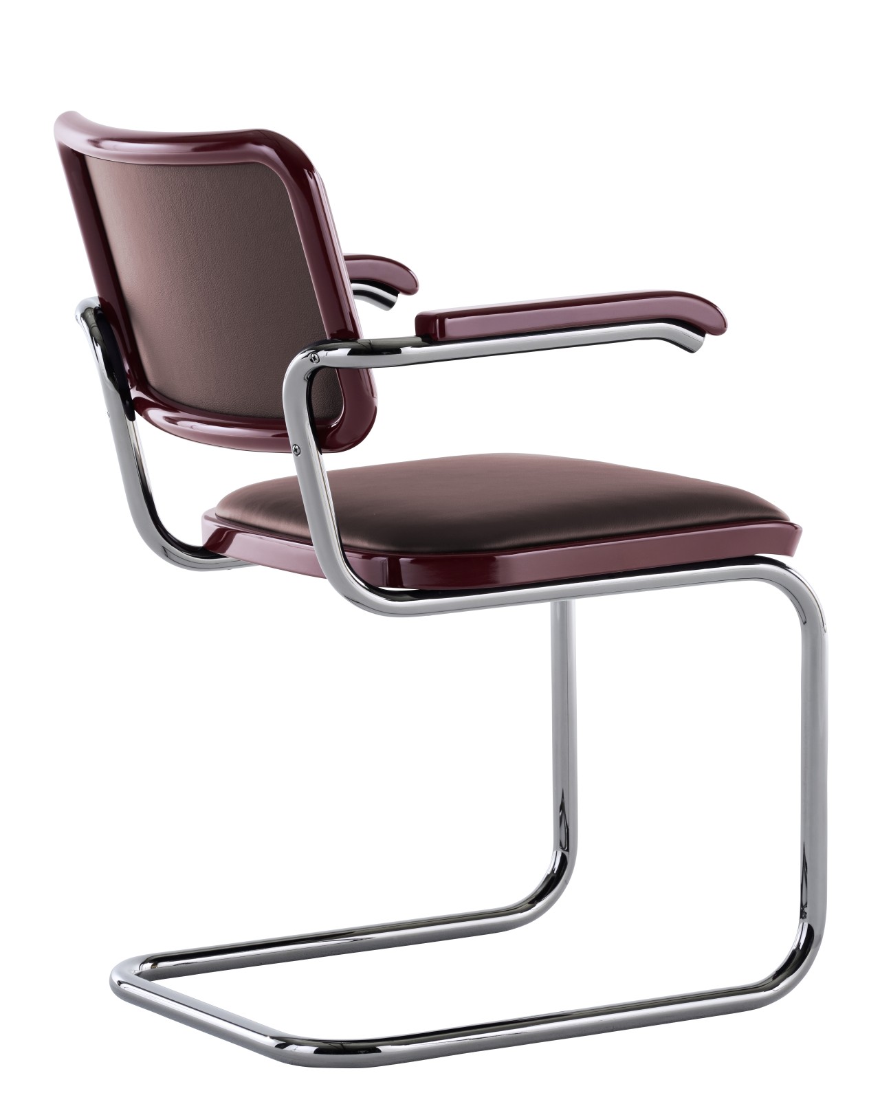 JS. Thonet S 64 P Freischwinger Stuhl mit braunem Leder und verchromtem Stahlrohr Gestell von hinten.