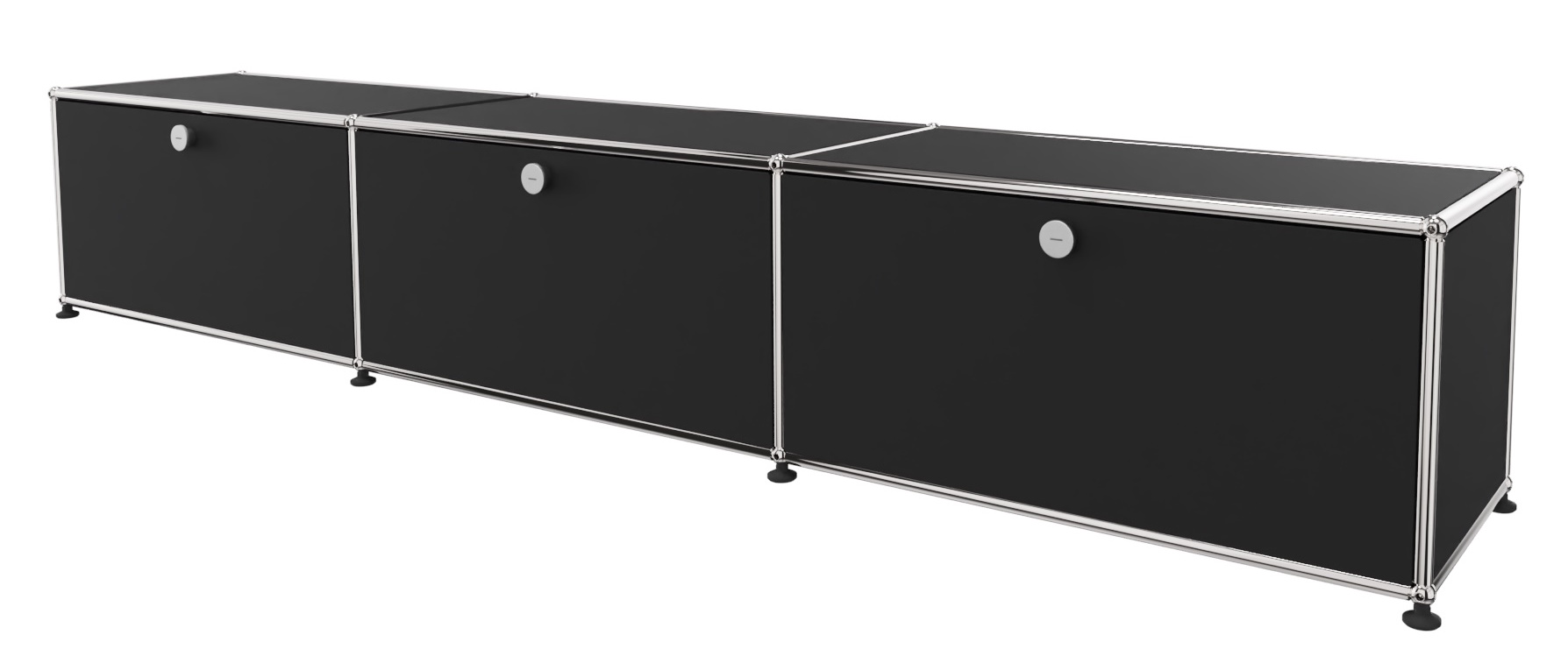 USM Haller Lowboard in Graphitschwarz mit drei Klappen, modernes Designmöbel für Wohnzimmer und Büro.