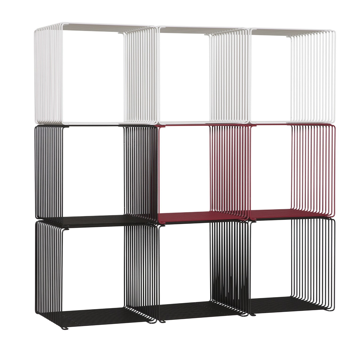 Montana Wire Cube Drahtregal in Weiß, Rot und Schwarz, gestapelt, modernes modulares Regalsystem.