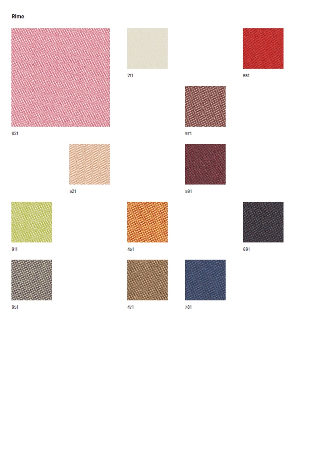 Stoffmusterkarte Rime von Kvadrat: Farbpalette mit verschiedenen Stoffmustern in unterschiedlichen Farben und Texturen.