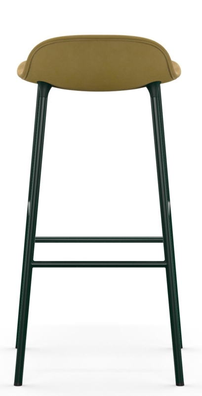 Normann Copenhagen Form Barhocker, 75 cm hoch, mit olivgrüner Polsterung und schwarzem Stahlgestell.