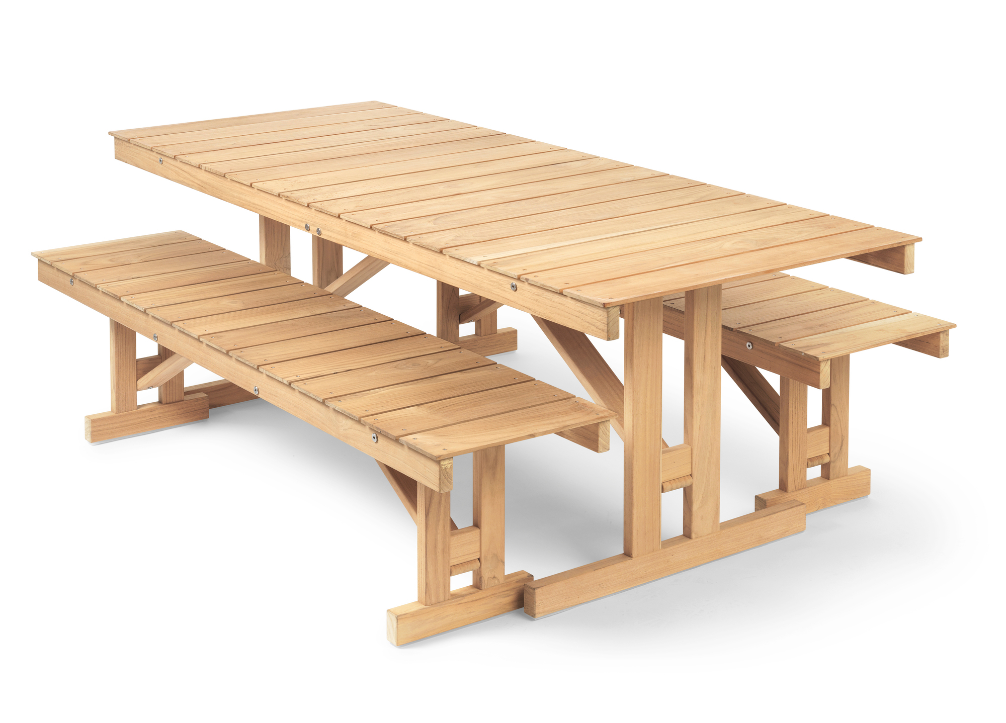 Mogensen Bank Outdoor von Carl Hansen & Søn: Gartentisch mit Bänken aus Teakholz.