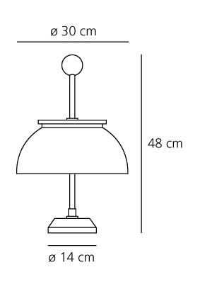 Skizze der Alfa Tischleuchte von Artemide mit Maßangaben für Durchmesser und Höhe.