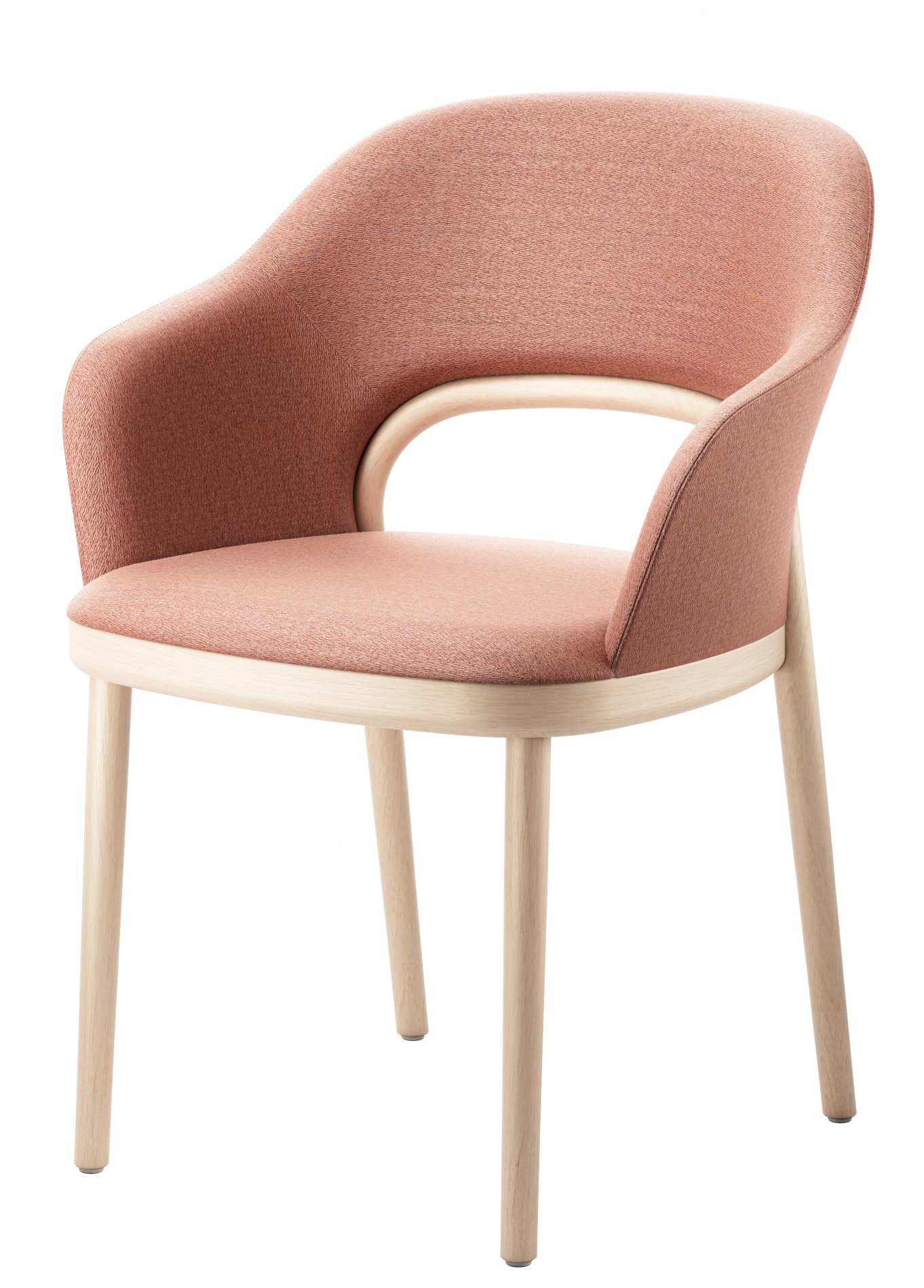 Thonet 520 PF Stuhl mit Armlehne, rosa Stoffbezug und hellem Holzgestell, modernes Design.