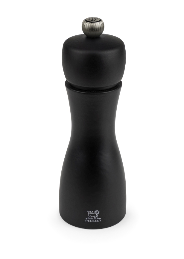 Schwarze Peugeot Tahiti Mühle für Pfeffer und Salz, aus Holz mit silberfarbenem Knopf.