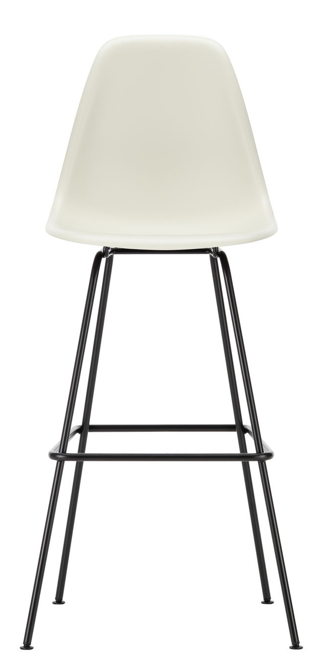 Vitra Eames Plastic Bar Stool High in Weiß mit schwarzem Metallgestell, Frontansicht.