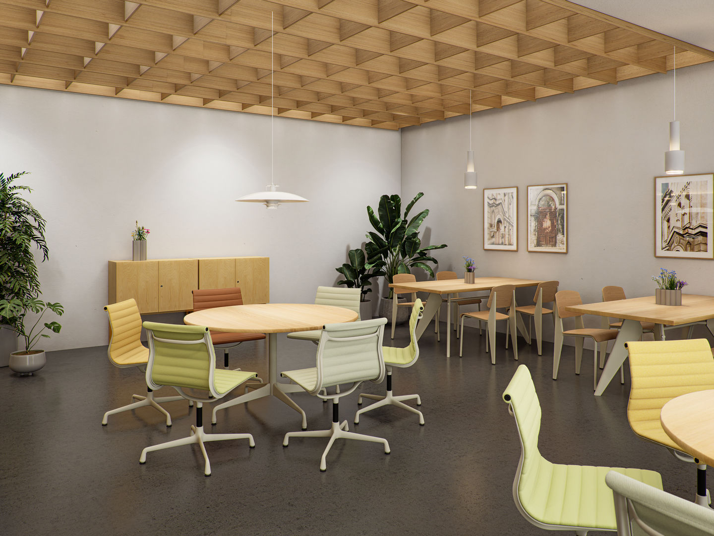 Helle Büroeinrichtung mit mehreren Aluminium Chair EA 104 Stühlen von Vitra in Gelb- und Grüntönen.