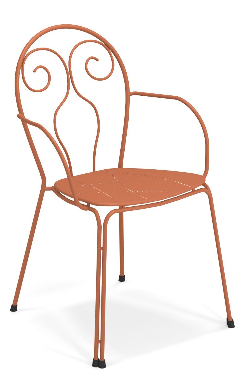 Caprera Stuhl von Emu für den Außenbereich, orangefarbener Metallstuhl mit geschwungenem Rückendesign.