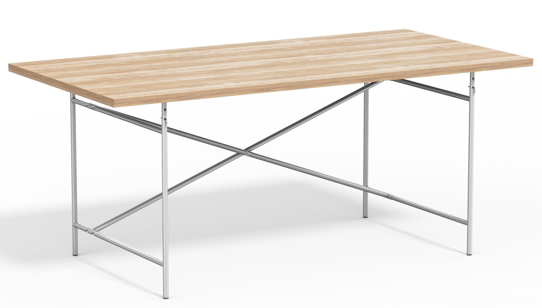 Eiermann Tisch mit heller Holzplatte und verchromtem Stahlgestell, Designklassiker für Büro und Wohnraum.