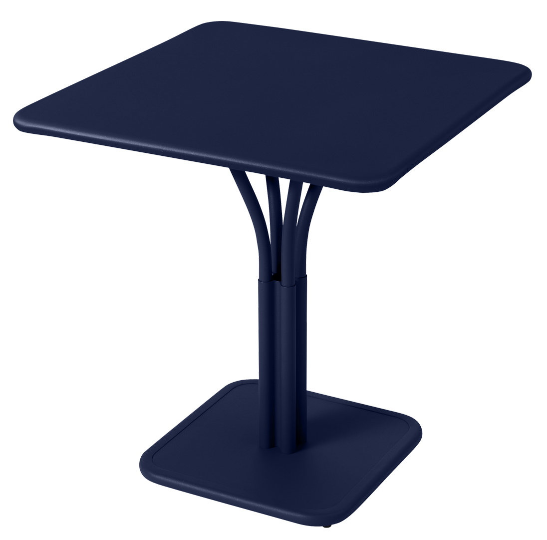 Blauer Luxembourg kleiner Tisch 71x71 cm von Fermob, quadratische Tischplatte und Fuß, modernes Outdoor-Design.