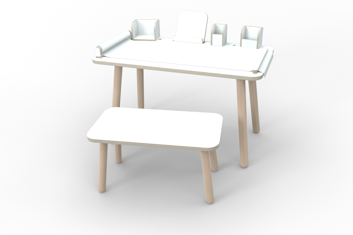 Growing Table, weißes Kindermöbel-Set mit Tisch, Bank und Aufbewahrungselementen aus Holz.