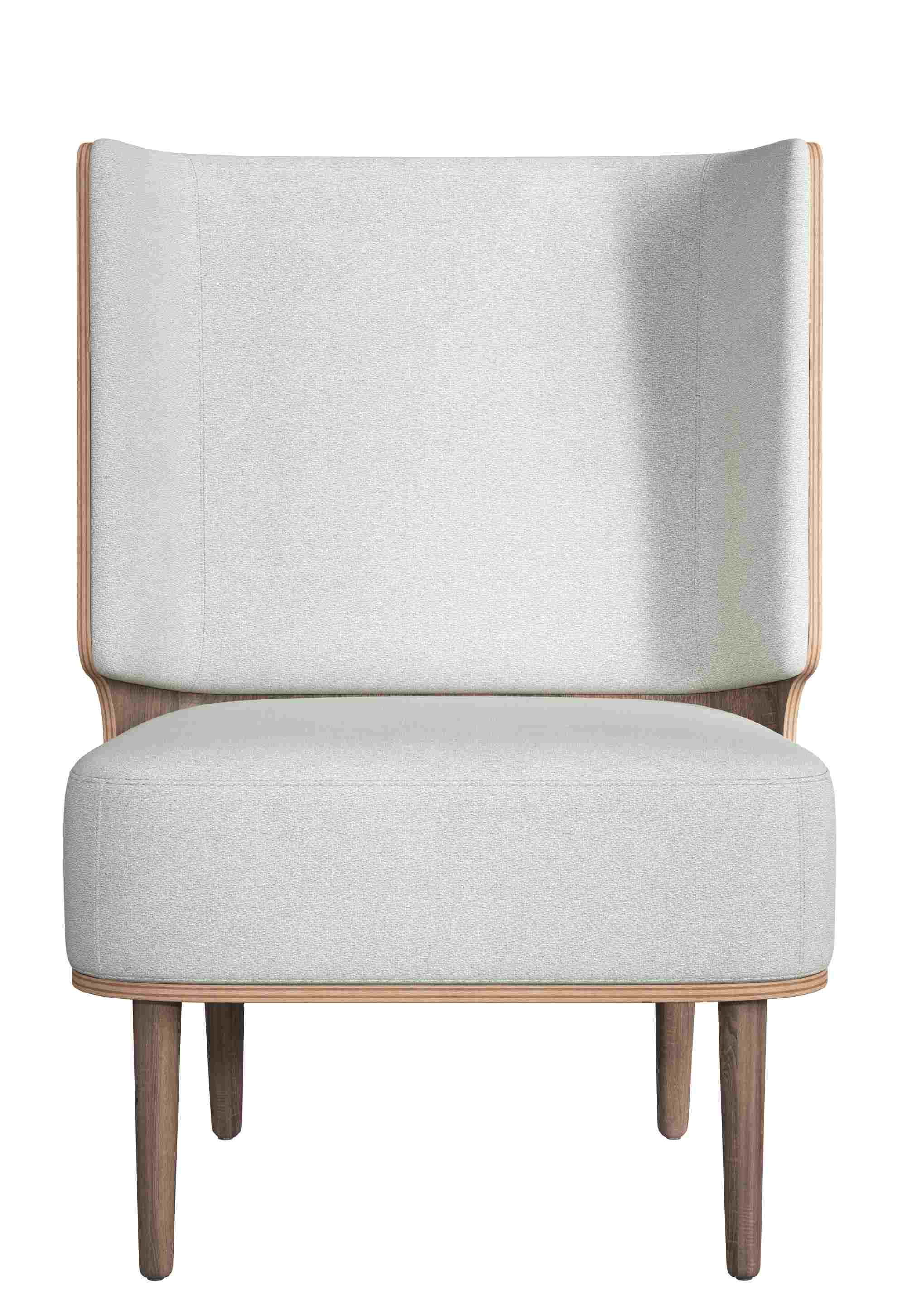 Serena Lounge Chair Sessel mit Eiche dunkel gebeizt und hellem Stoffbezug, Frontansicht.
