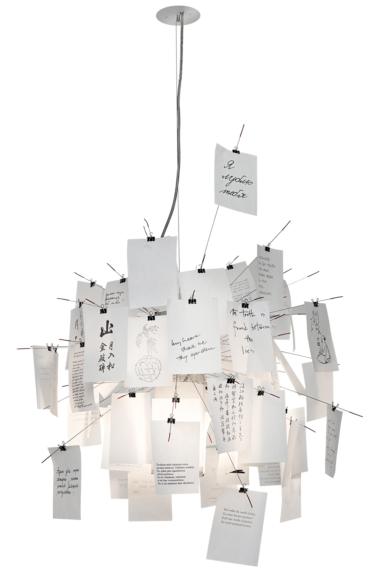 Detailaufnahme der Ingo Maurer Zettel'z 6 Hängeleuchte mit beschrifteten Zetteln, ideal als Designlampe und Pendelleuchte.
