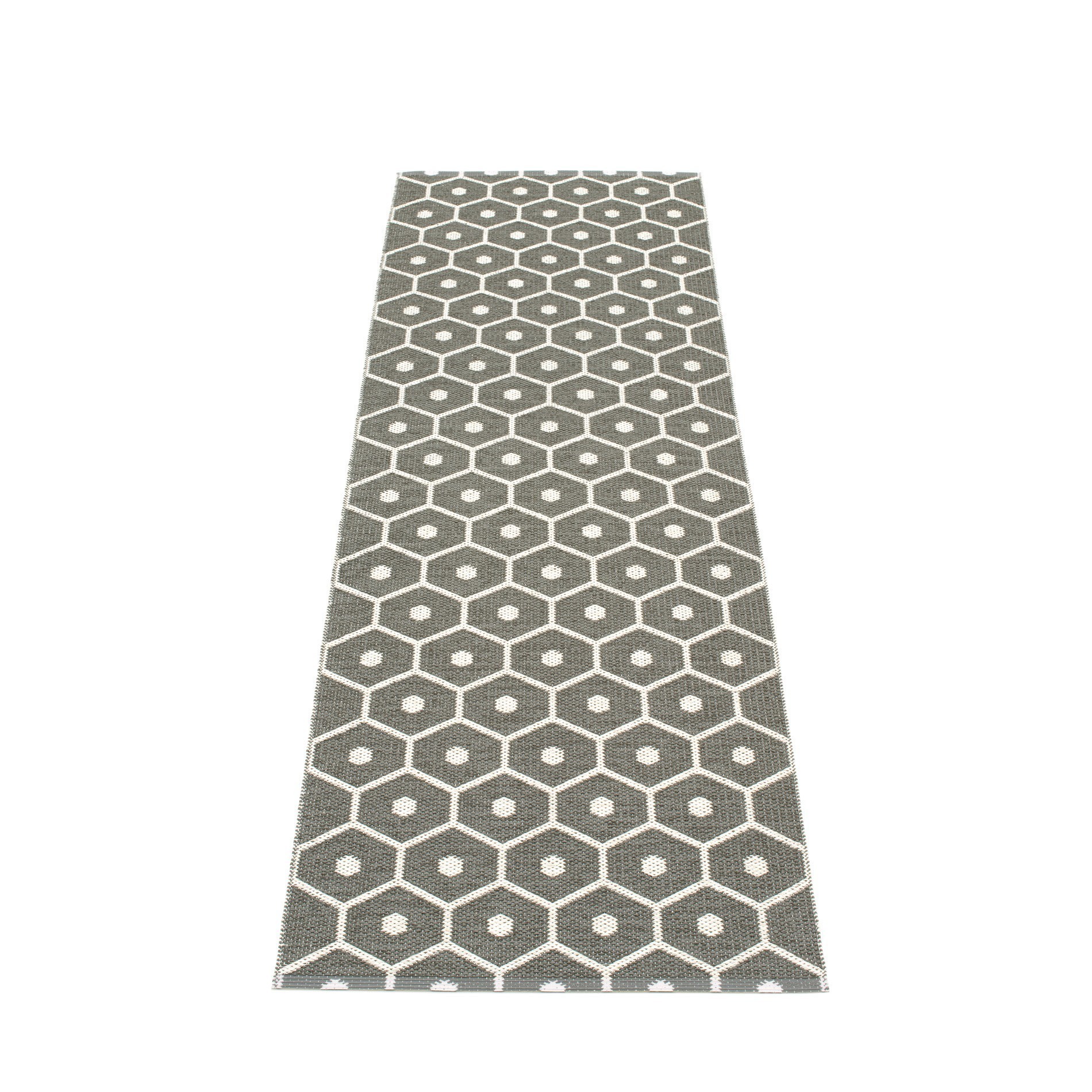 Pappelina Honey Kunststoffteppich 70x225 cm mit grauem Wabenmuster und weißen Akzenten, ideal für Küche oder Flur.