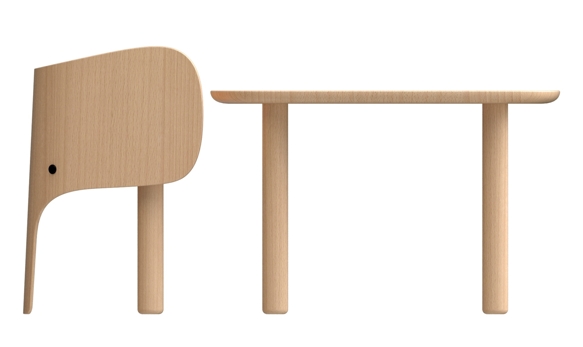Holzfarbener Elephant Chair Kinderstuhl mit Tisch, modernes Design für Kinderzimmer.