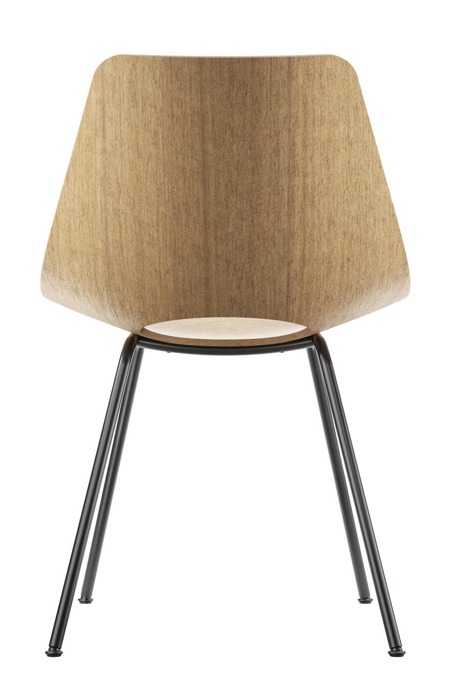 Rückansicht des S 661 Stahlrohrstuhls Thonet mit Holzschale und schwarzem Stahlrohrgestell, minimalistisches Design.