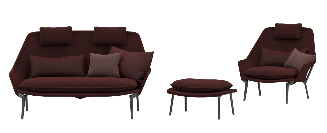 Slow Sofa von Vitra aus Stoff in Bordeauxrot mit Sessel und Hocker.