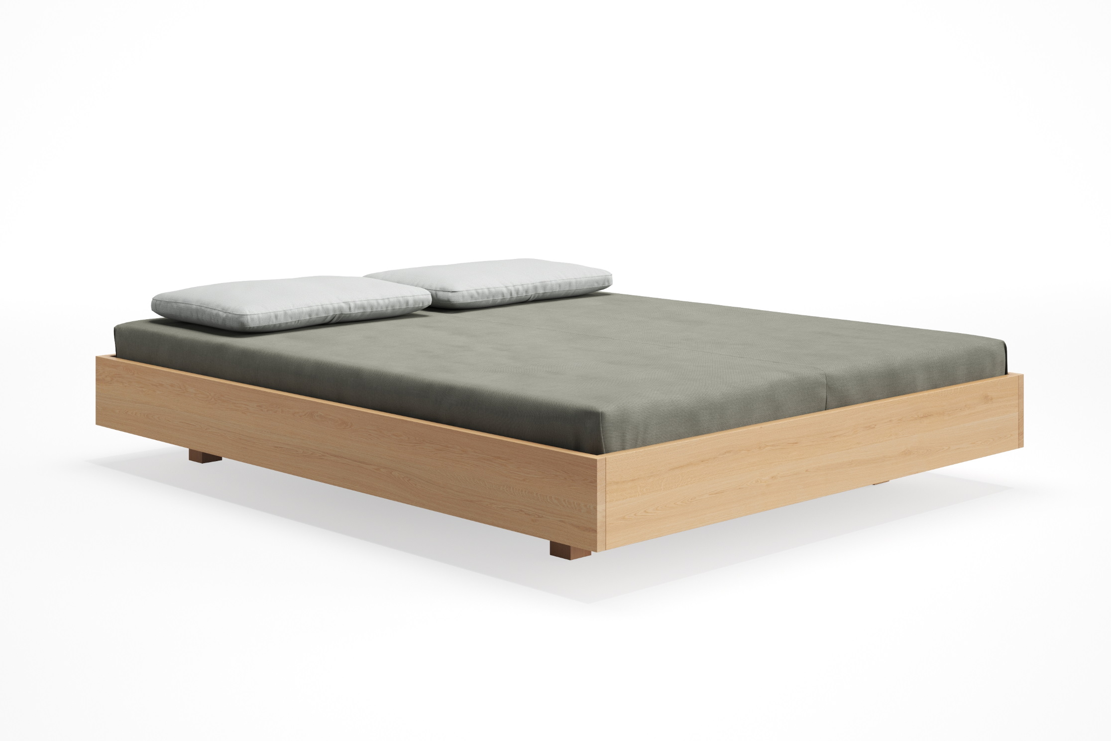 Simple Holzbett mit grauer Bettwäsche und Kissen. Modernes 180 cm Bett aus Holz.
